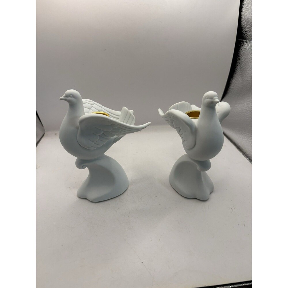 Vintage Pair Of Bisque Dove Candle Holders Signed Y.H. 1997 House Of Lloyd
